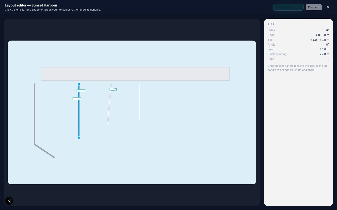 Marina layout editor with a pier selected and its drag handles visible
